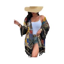 Cardigã feminino plus size com estampa boêmia e design de franjas para uso casual diário Cardigã feminino plus size com estampa boêmia e design de franjas para uso casual diário