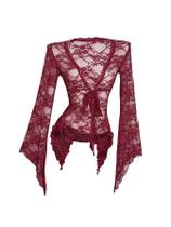 Cardigã feminino sexy de renda Milumia, manga comprida, cor de vinho