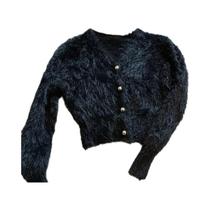 Cardigã Feminino Vintage De Mohair Cropped Com Decote V, Preto E Branco, Liso, Ajuste Slim, Estilo