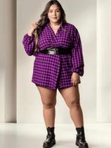 Cardigã Feminino Xadrez Plus Size Kimono Manga Longa Camisa Soltinha Ajustável Casual Festa Junina