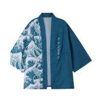 Cardigã Masculino Azul Solto Estilo Quimono Japonês Ukiyo-e Ondas Do Mar Aberto Na Frente Casual