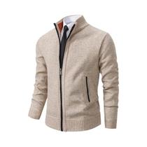 Cardigã Masculino De Fleece Quente Com Zíper, Cor Sólida, Gola Alta, Casaco Casual Esportivo Para