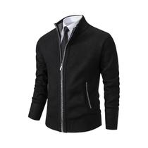 Cardigã Masculino De Fleece Quente Com Zíper, Cor Sólida, Gola Alta, Casaco Casual Esportivo Para