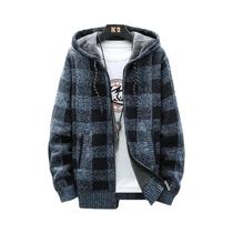 Cardigã Masculino De Inverno Com Capuz Xadrez, Jaqueta De Lã Com Zíper, Suéter De Malha Xadrez