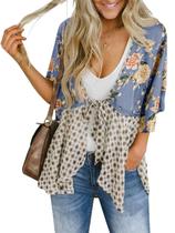 Cardigã quimono Saodimallsu feminino com gravata frontal com estampa floral Cardigã quimono Saodimallsu feminino com gravata frontal com estampa floral
