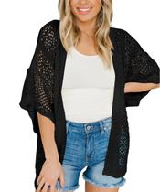 Cardigã Saodimallsu leve de crochê, verão, preto, feminino Cardigã Saodimallsu leve de crochê, verão, preto, feminino