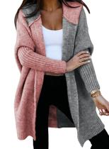 Cardigan Astylish Feminino com capuz Color Block, suéter rosa