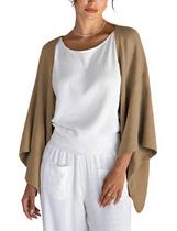 Cardigan Bankeng feminino de linho, manga 3/4, caqui, frente aberta