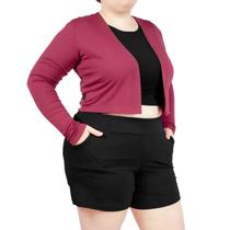 Cardigan Cropped Manga Longa Plus Size