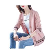 Cardigan De Malha De Manga Comprida Com Decote Em V Feminino Cor Sólida Estilo Coreano Casaco Suéter