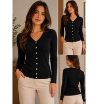 Cardigan Feminino Canelado com Botões Funcionais Punho Manga Cardigan Feminino Canelado com Botões Funcionais Punho Manga
