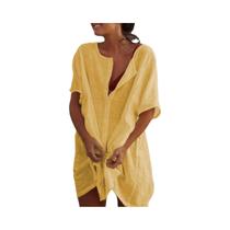 Cardigan Feminino De Algodão E Linho Oversized Com Botões, Comprimento Médio, Casual, Para Praia E