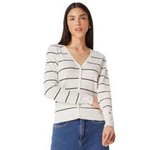 Cardigan Feminino Hering em Tricô Listrado Branco