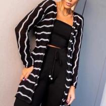 Cardigan Feminino Listrado Sobretudo Kimono Inverno Tricô