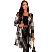 Cardigan Feminino Sobretudo Xadrez Slim Acinturado Longo Top Kimono Modal Parka Sueter Tendencia Inverno Tricot Top - Meimi Amores