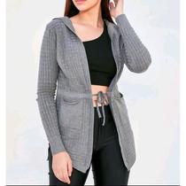 Cardigan feminino tricô manga longa com capuz moda gringa