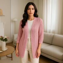 Cardigan Feminino Tricot Leve Vazado Manga Estilo Casual