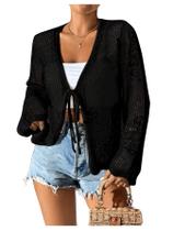 Cardigan Floerns, gravata frontal, crochê, malha preta