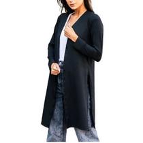 Cardigan manga longa feminino tecido malha canelada com elastano