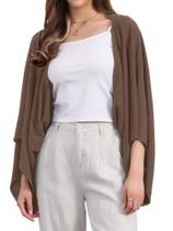 Cardigan Seta T feminino de linho, manga 3/4, frente aberta, marrom Cardigan Seta T feminino de linho, manga 3/4, frente aberta, marrom