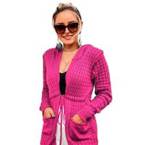 Cardigan Tricot Casaco Feminino Suéte Com Capuz