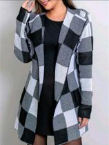 Cardigan Xadrez Sobretudo Tricô Inverno Gola Chic Feminino