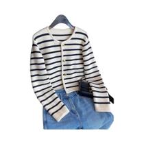 Cardigans De Malha Listrados Femininos Com Decote Redondo E Mangas Longas, Tops Cropped Casuais E