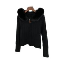 Cardigans De Tricô Com Capuz De Pele Real Em Patchwork Para Mulheres, Ajuste Slim, Suéteres Com