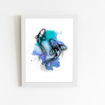 Carpa Peixe Azul Minimalista Quadro Moldura Branca 60x40cm