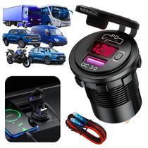 Carregador automotivo Turbo USB PD carregamento turbo universal Display LED Carro caminhao onibus moto 12v 24v On off