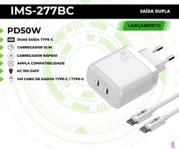Carregador Celular 50W Ultra Rapido Dupla Saida Tipo C + Cabo Tipo C IMS-277BC