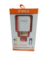 Carregador com Fonte com 2 entradas USB com Cabo Tipo C CA34-3 -Gold Carregamento Rápido