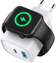Carregador Compativel Todos Apple Watch de Parede 3 em 1 Power Delivery Tipo-C 20W Ultra Rápido + USB-A 18W e Base de Ca