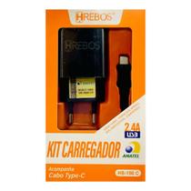 Carregador Completo Tipo C Hrebos Fonte e Cabo 2.4A Preto Carregador Completo Tipo C Hrebos Fonte e Cabo 2.4A Preto