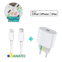 Carregador Completo Turbo 20w Compativel iPhone Todos Os Modelos MFI Fonte Cabo + Protetor de Cabos