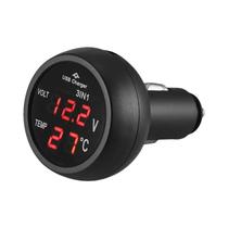 Carregador De Carro 12/24V 3 Em 1 Com Voltímetro, Termômetro E Monitor Digital LED Para Medição De