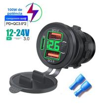 Carregador De Carro Dual QC3.0 USB 12V 24V Com Voltímetro Digital E Três Portas Para Motocicleta E
