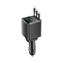 Carregador De Carro Super Rápido 5 Em 1 150W Com Display De Voltagem E Cabo Retrátil Para iPhone