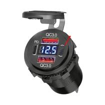 Carregador De Carro USB Dual PD QC3.0 96W Com Voltmeter, Tomada À Prova d'Água Para Moto, Barco E
