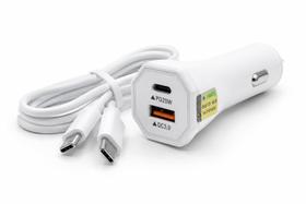 Carregador De Celular Veicular Usb + Type-C PD com Cabo 1m Branco