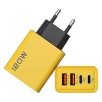 Carregador de Parede 120W com 4 Portas USB 3.0 e Tipo-C, Plugue Brasileiro, Cor Amarelo Carregador de Parede 120W com 4 Portas USB 3.0 e Tipo-C, Plugue Brasileiro, Cor Amarelo