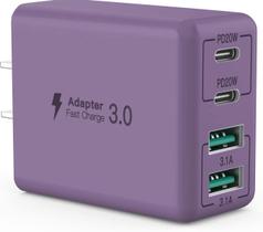 Carregador de parede USB C sccvee 40W 4 portas PD+QC de carregamento rápido roxo