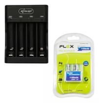 Carregador De Pilha+4 Pilhas Recarregáveis Aaa 1100 Mah Flex