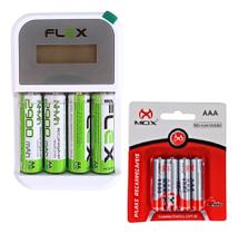 Carregador de Pilha Flex Com 4 Pilhas AA 2900mah + 4 Pilhas AAA 1000mah Mox