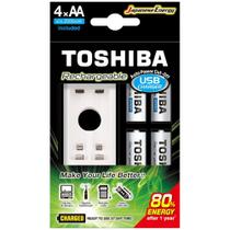 Carregador de Pilha Toshiba USB com 4 Pilhas AA 2000 MAh TNHC-6GME4 CB