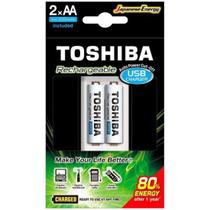 Carregador de Pilha USB p/2 pilhas AA/AAA min.2.000 mAh c/2 pilhas TOSHIBA