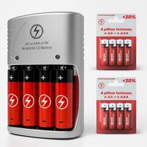 Carregador de Pilhas Recarregáveis Kit 4 Baterias AA AAA Bateria 9V