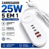 Carregador de Tomada 25W PD Turbo 5 em 1 USB Tipo C Lightning Carregamento Rápido Bivolt Extensao