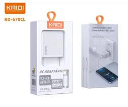 Carregador Fonte USB USBC e Cabo 20W Saída Tipo Lightning Kaidi KD 670 Carregador Fonte USB USBC e Cabo 20W Saída Tipo Lightning Kaidi KD 670