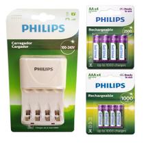 Carregador Philips com 4 Pilhas Aa 2500 mais 4 Pilhas Aaa 1000 Palito Recarregáveis RTU Bivolt Inmetro